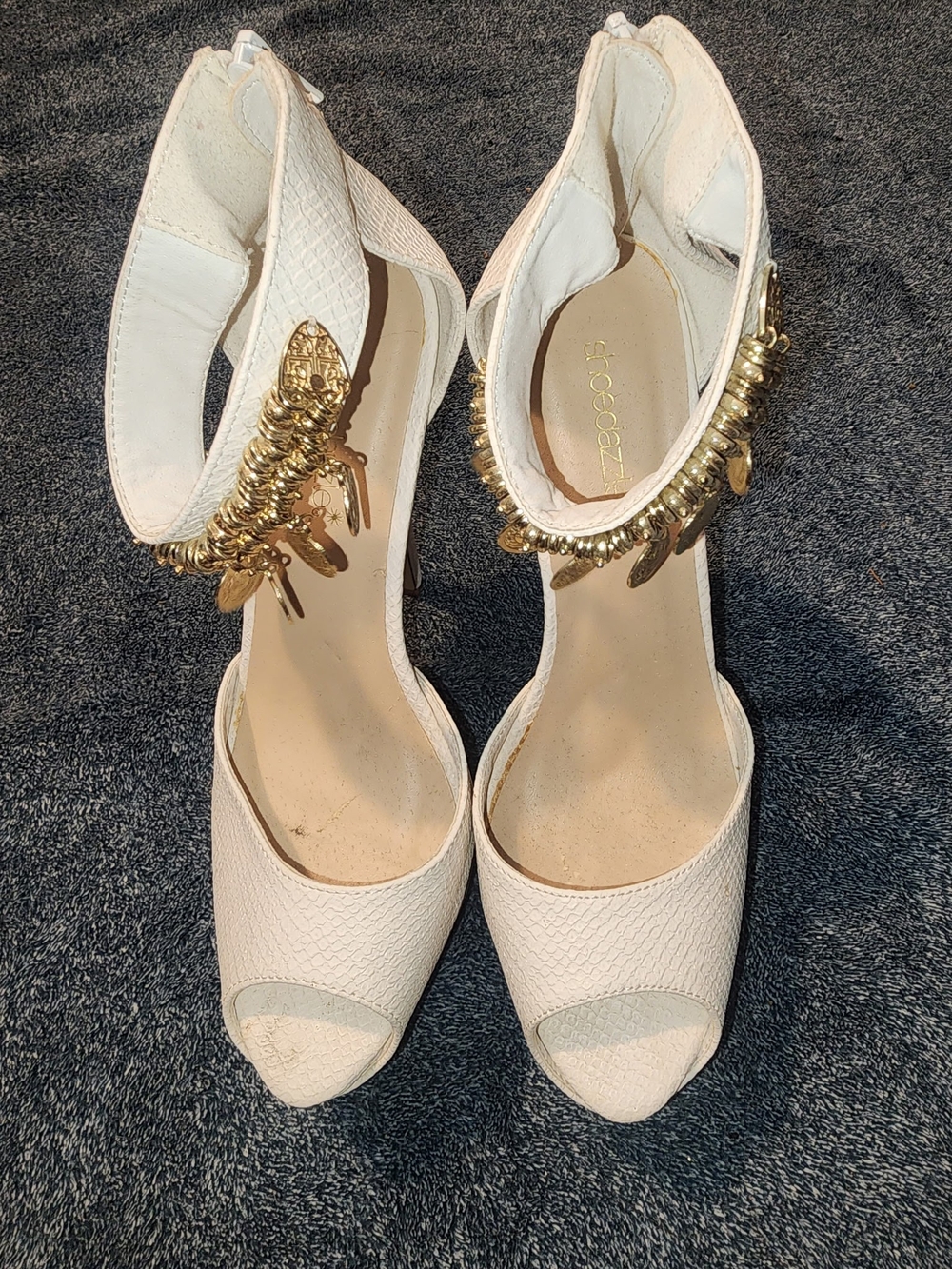 JustFab White Peep-Toe Platform Heels with Gold Ankle Charm